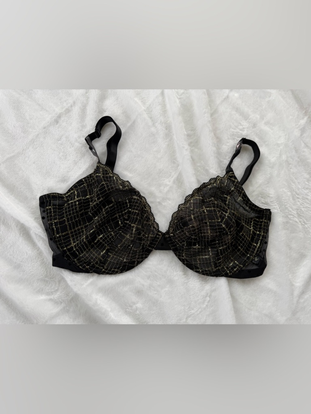 Victoria's Secret Demi Unlined Black Bra with Gold Overlay 38DDD Luxe Lingerie